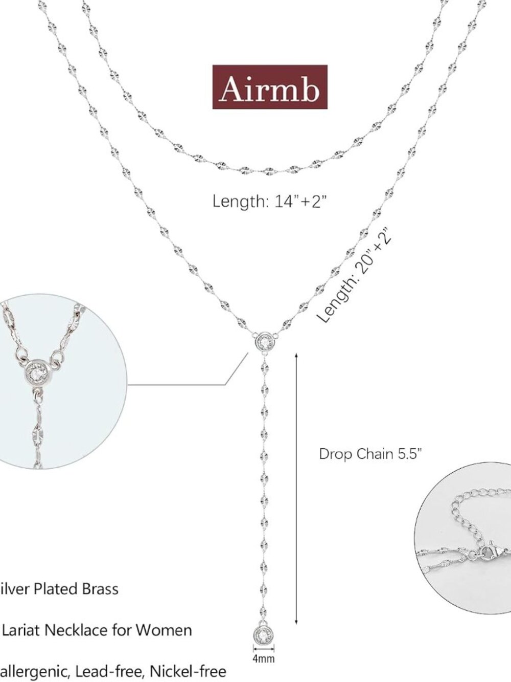 Lariat Silver/Gold Necklace for Women 925 Silver/14K Gold Plated Dainty Long Nec - Picture 5 of 7